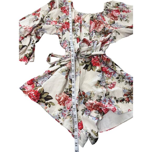 Revolve LPA Floral Belted Romper Bell Sleeves Cottagecore Linen Blend Size M - Picture 5 of 8